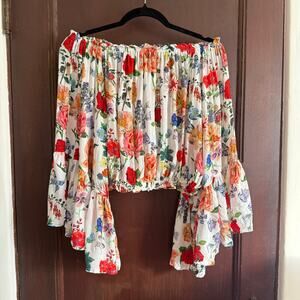 Olivaceous | White Floral Off Shoulder Boho Bell Sleeve Cropped Top | Medium